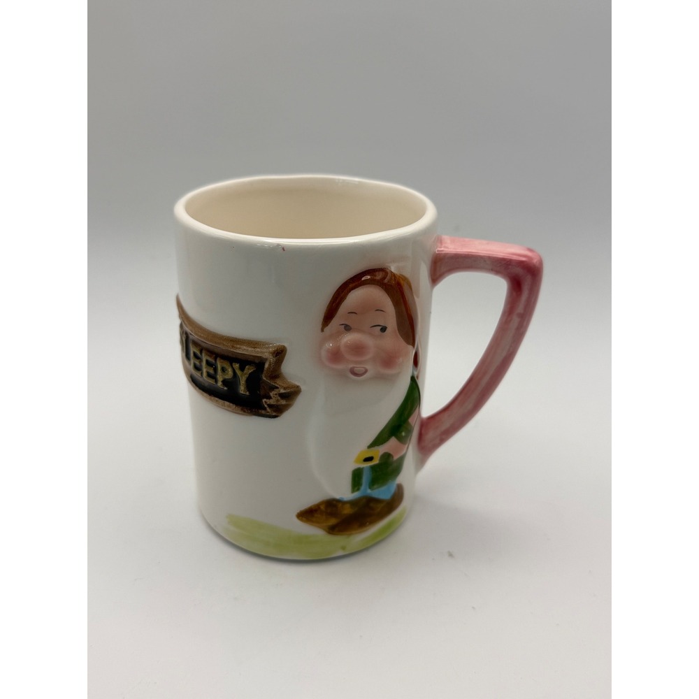 Vintage Walt Disney Productions Sleepy Dwarf 3D Relief Ceramic Coffee Mug Pink